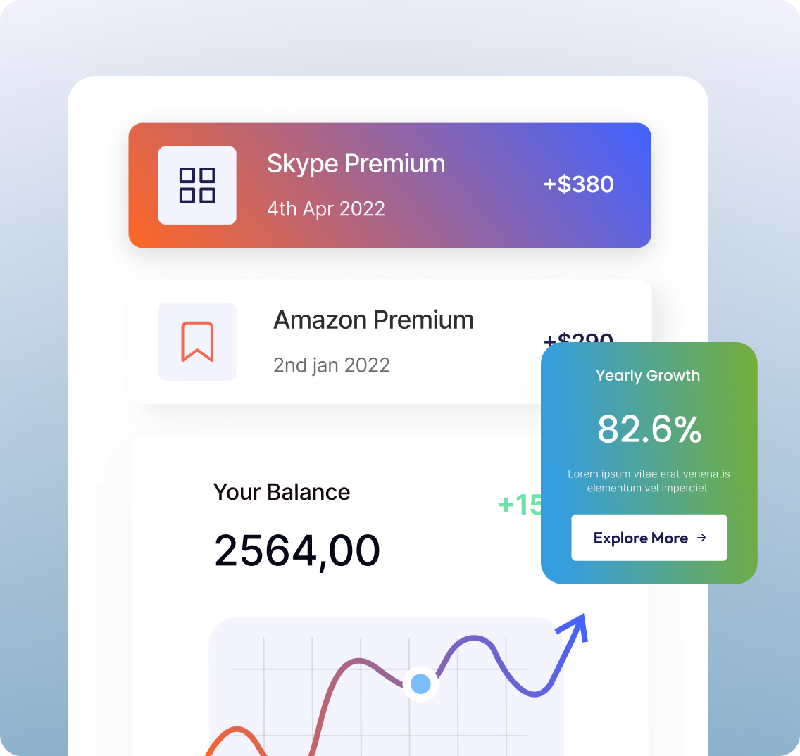 Agent dashboards: premium subscriptions, account balance, growth chart, and 82.6% yearly-growth card